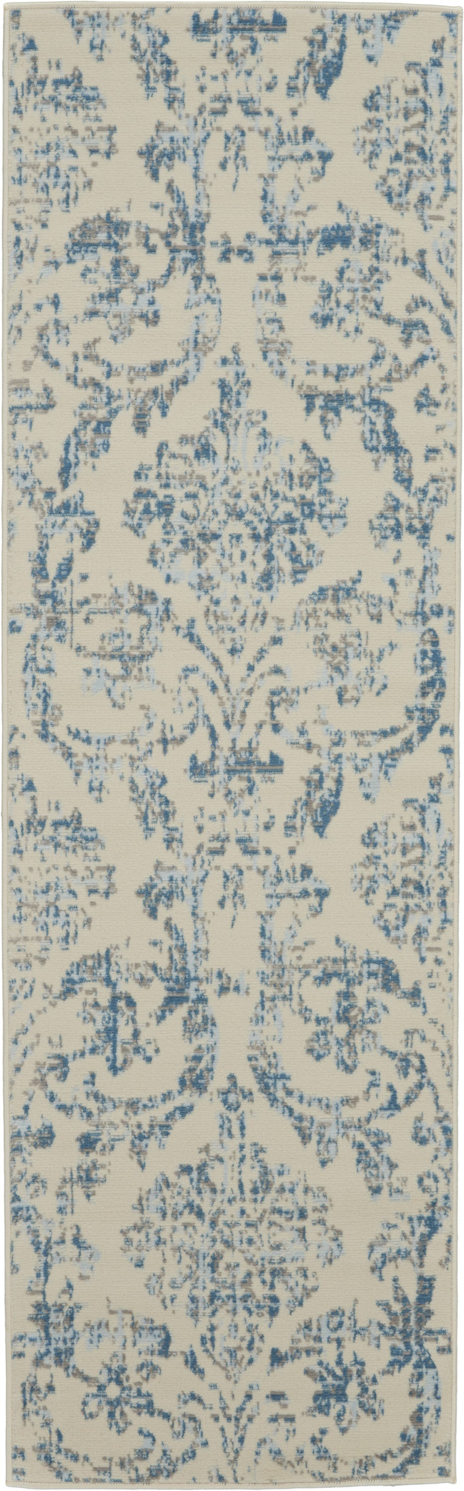 7' Cream Damask Power Loom Runner Rug