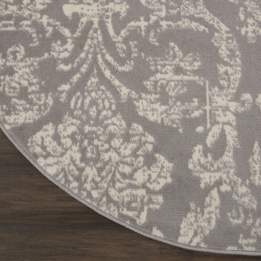 5' Gray Round Damask Power Loom Area Rug