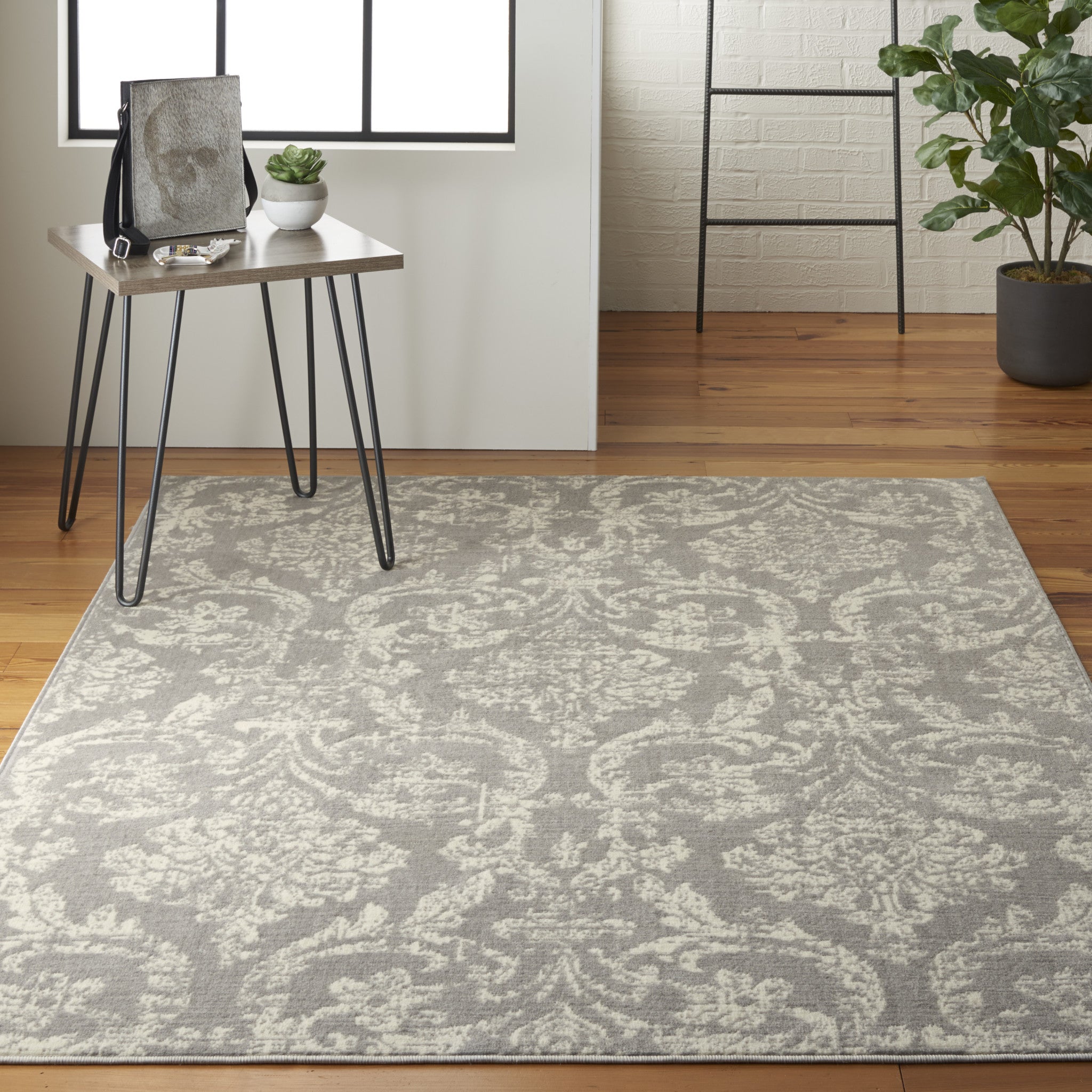 5' x 7' Gray Damask Power Loom Non Skid Area Rug