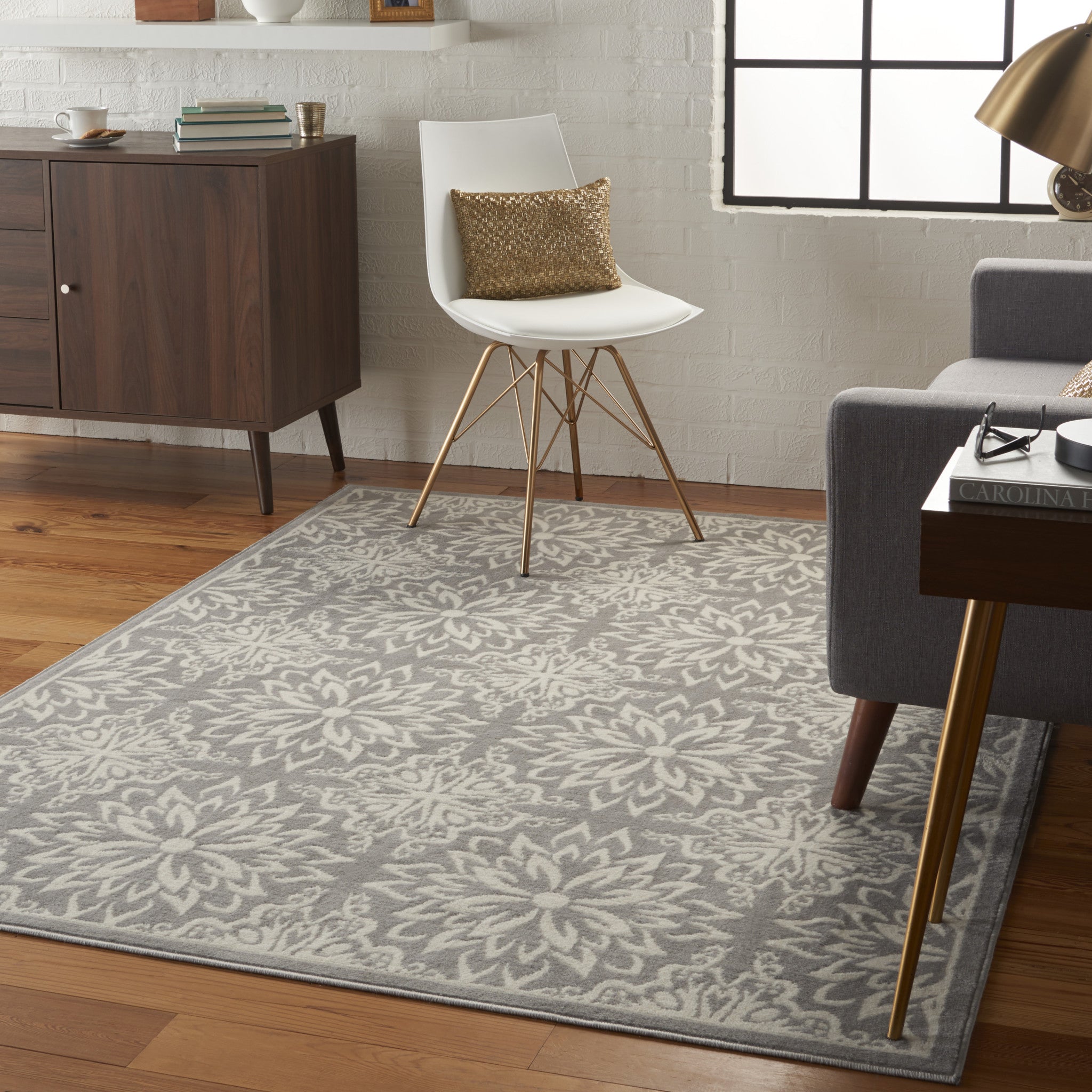 4' x 6' Gray Floral Power Loom Non Skid Area Rug