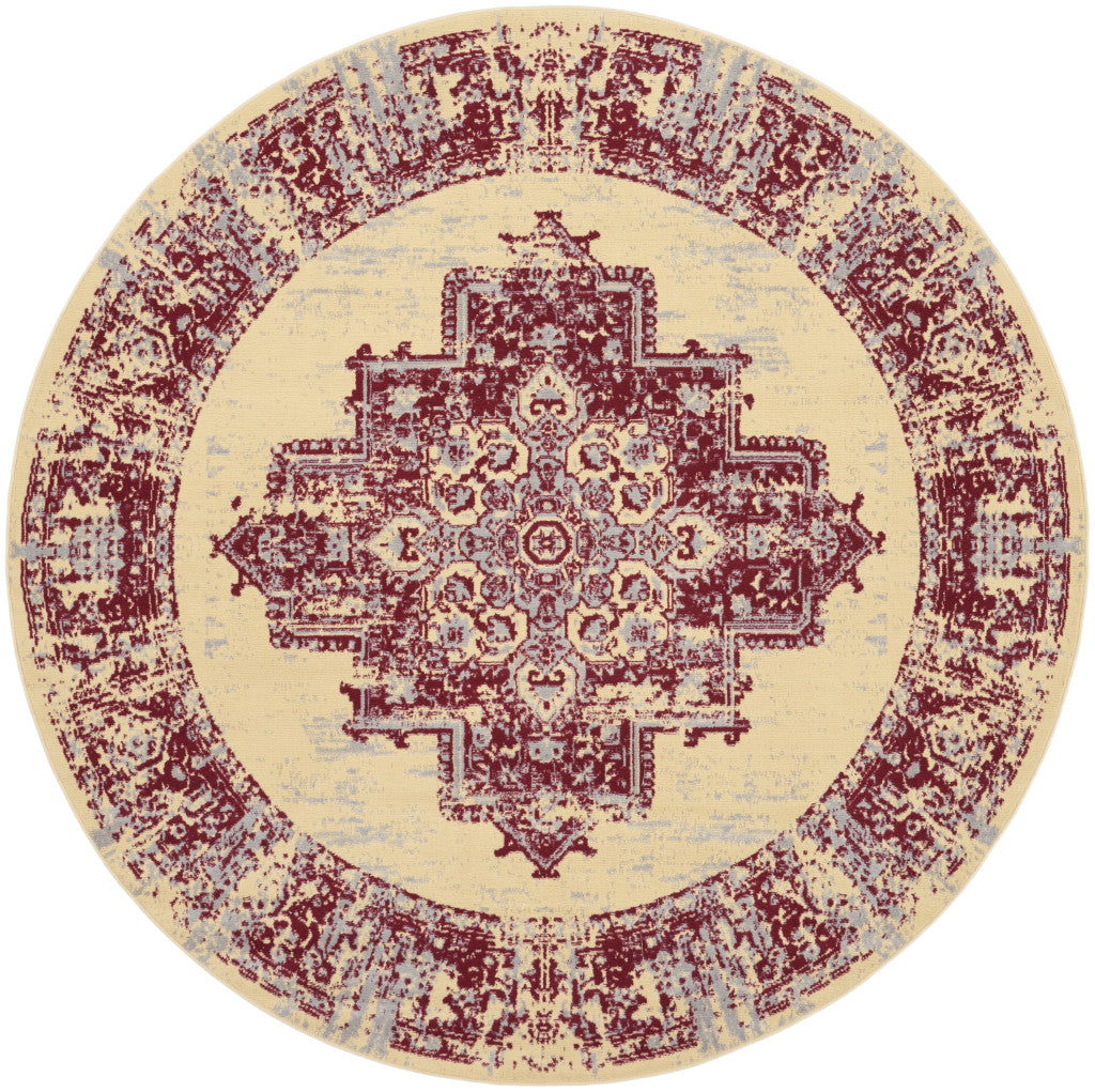 8' Cream Round Damask Power Loom Area Rug