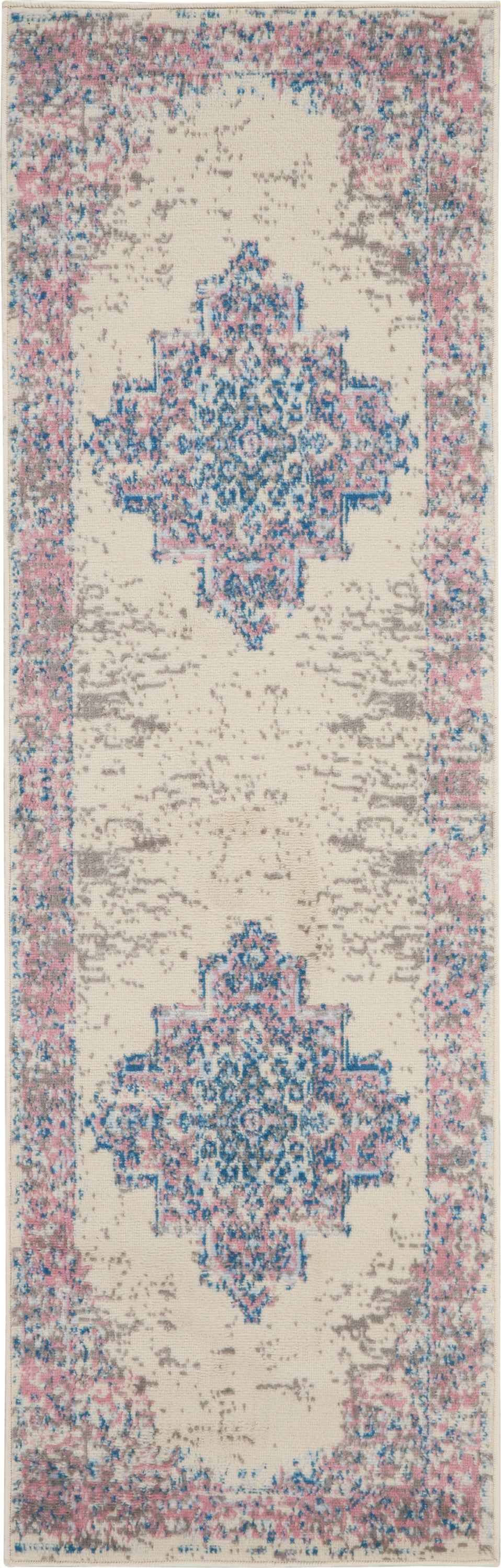 8' Pink Damask Power Loom Runner Rug