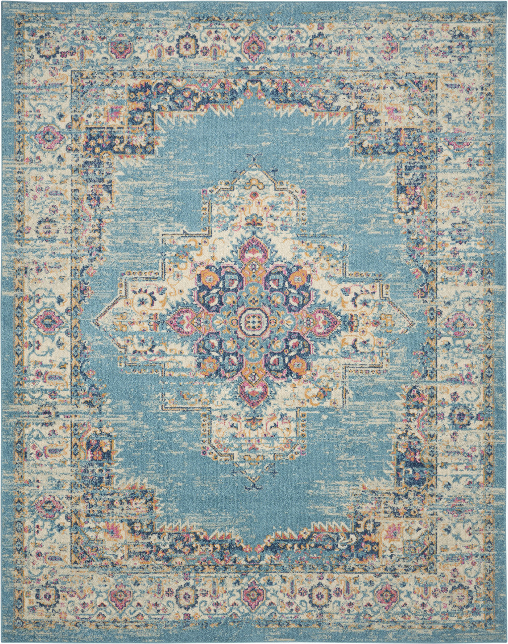 9' x 12' Light Blue Floral Power Loom Area Rug