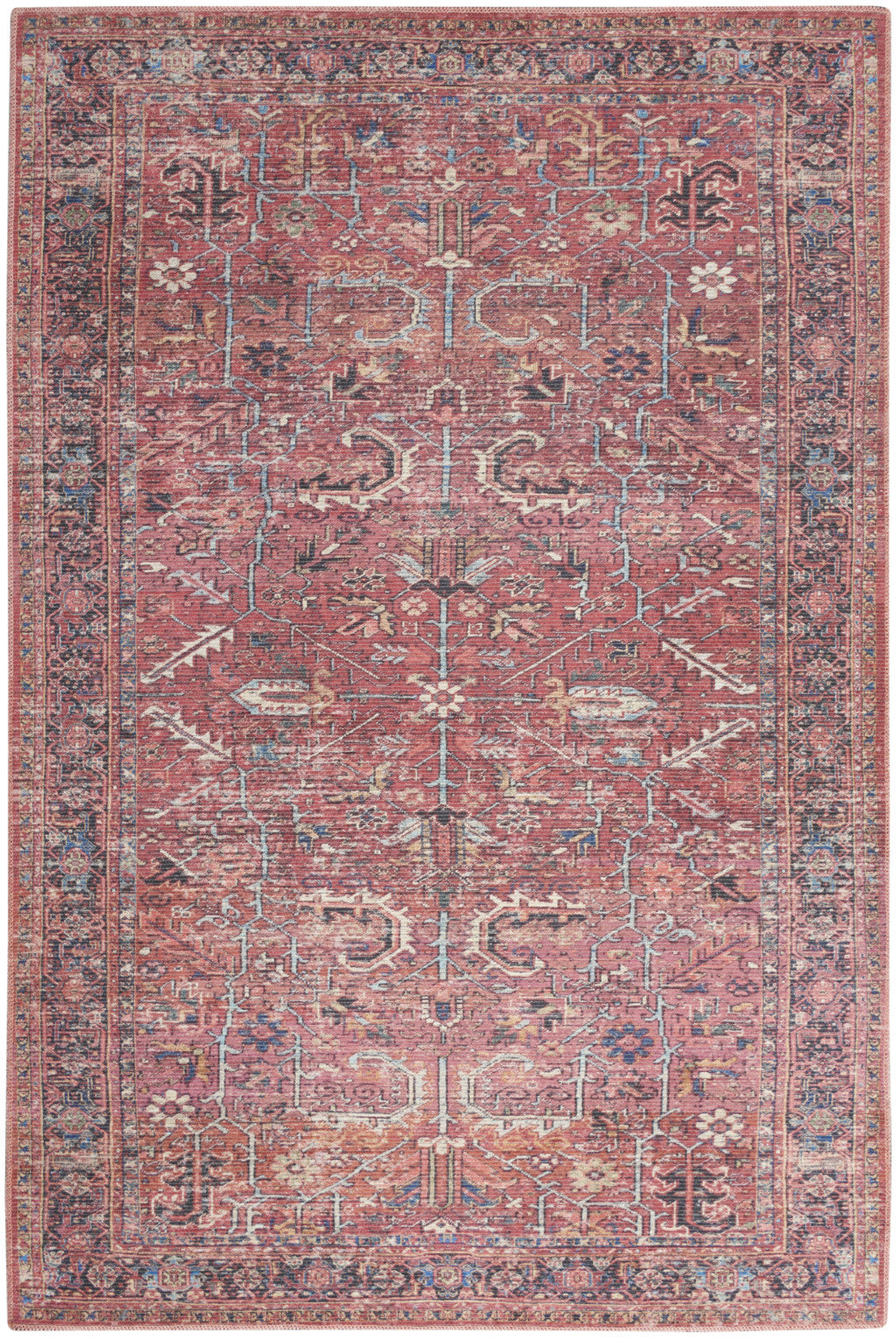 9' x 12' Red Floral Power Loom Distressed Area Rug