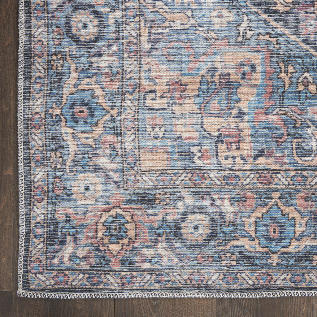 9' X 12' Blue And Pink Floral Power Loom Distressed Washable Area Rug