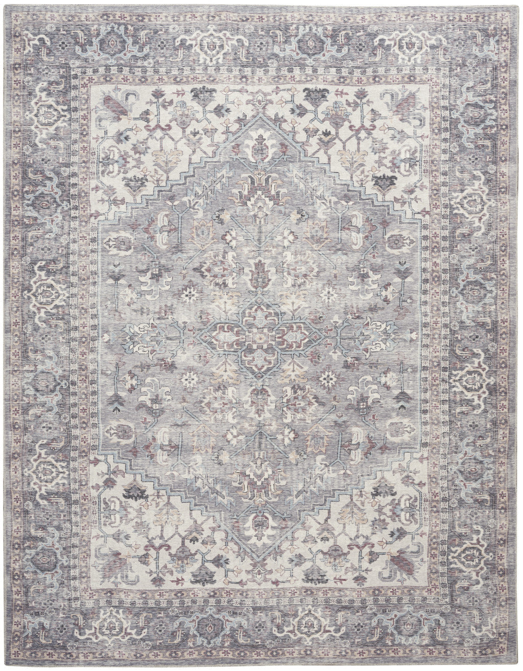 9' X 12' Gray Floral Power Loom Distressed Area Rug