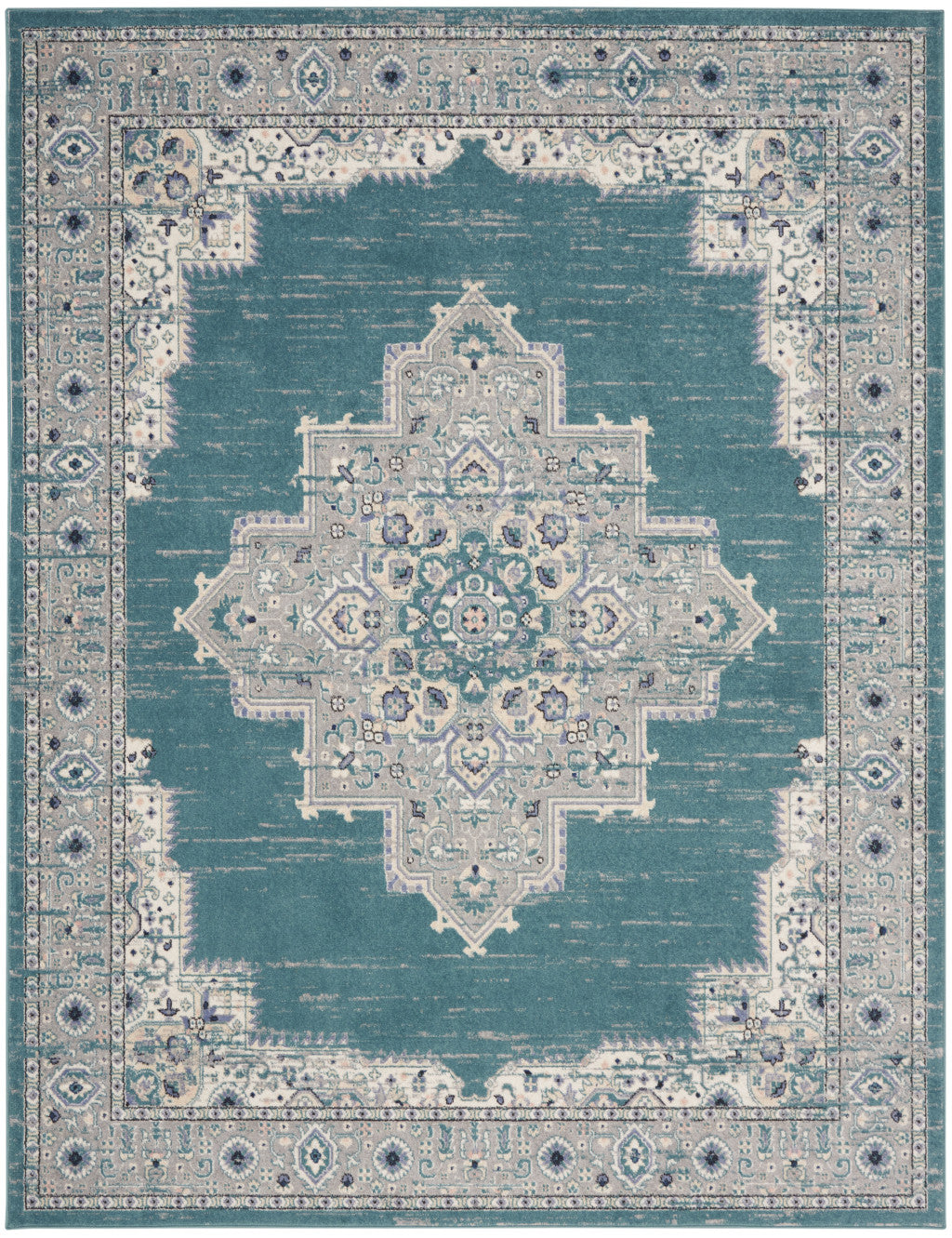 8' X 10' Aqua Floral Power Loom Distressed Area Rug