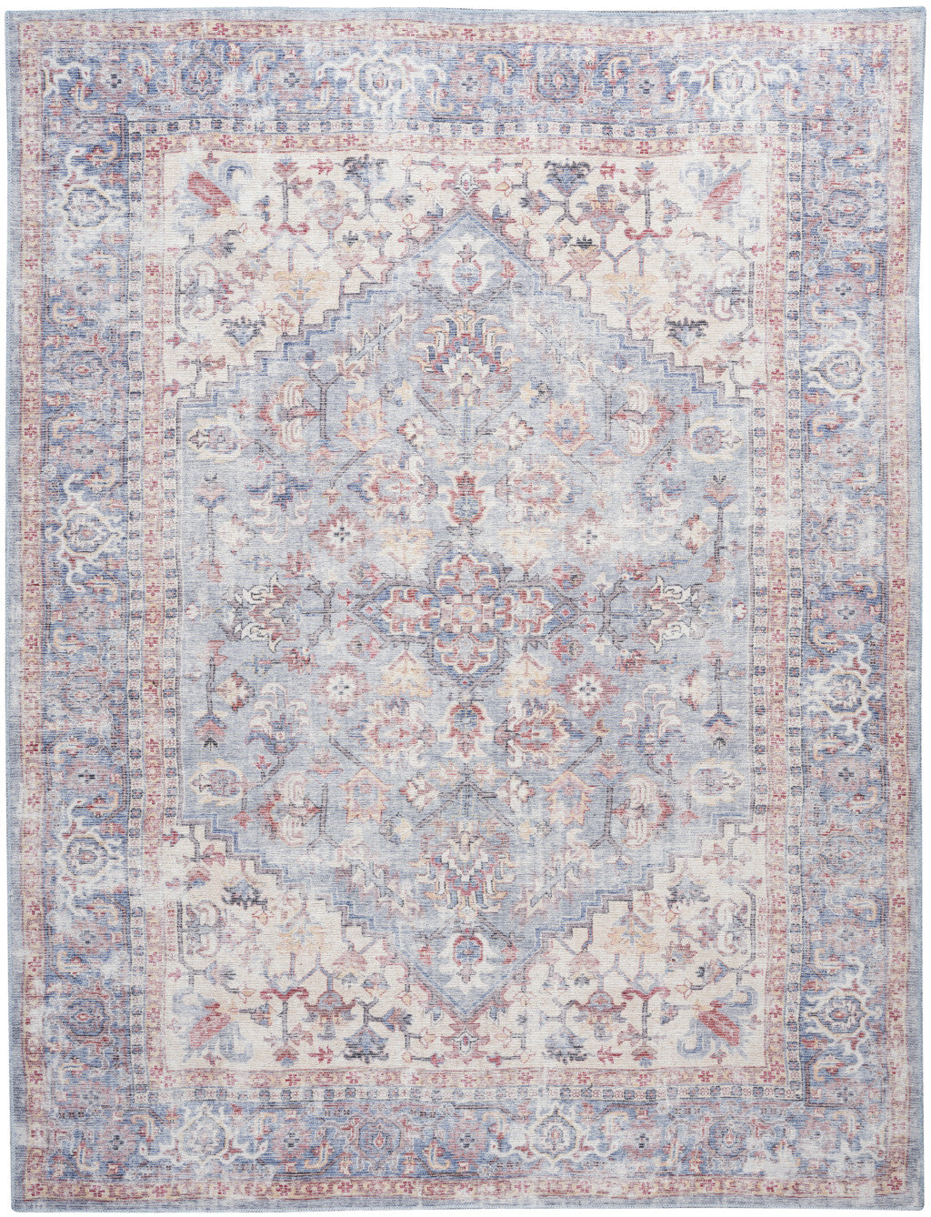 8' x 10' Blue Floral Power Loom Distressed Area Rug