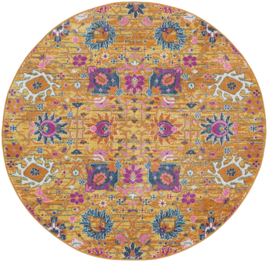 5' Gold Round Floral Power Loom Area Rug