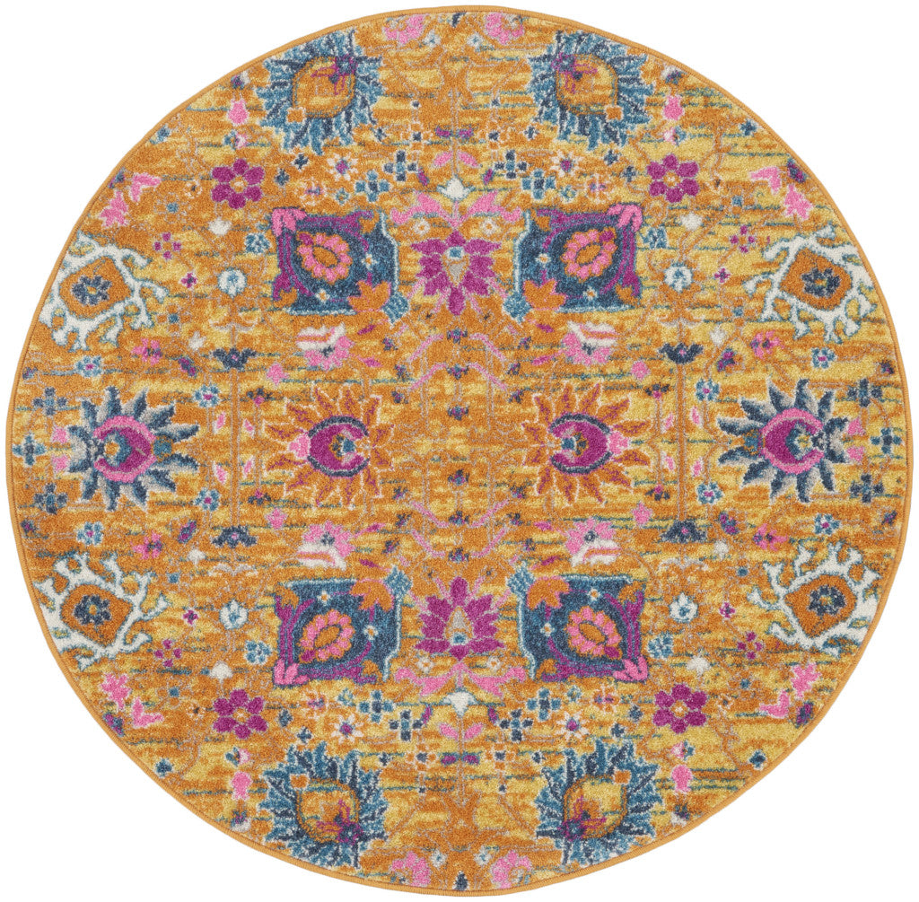 4' Gold Round Floral Power Loom Area Rug