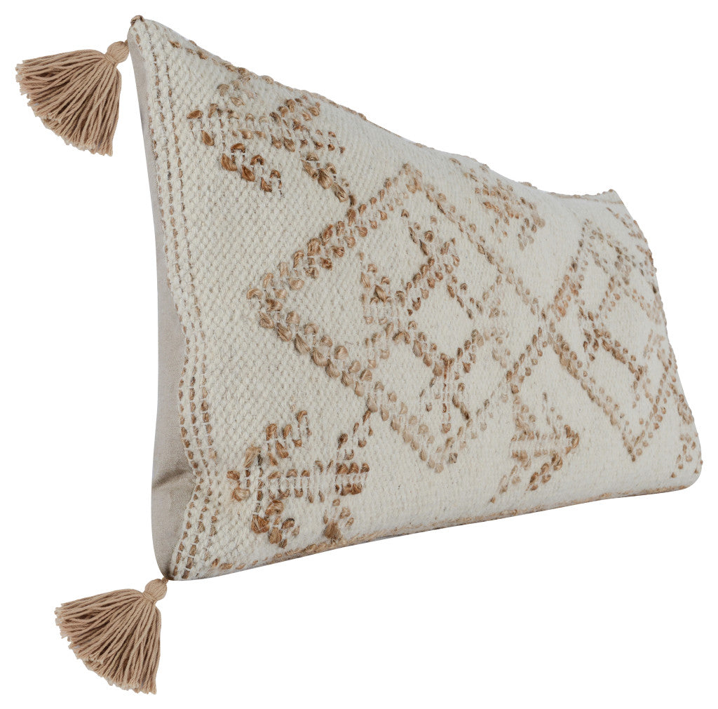 Ivory Patterned Jute Down Blend Throw Pillow