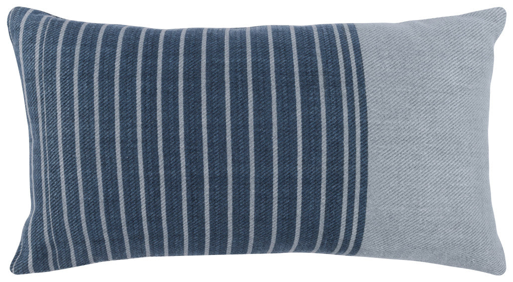 14" X 26" Blue and Gray Striped Linen Down Blend Throw Pillow