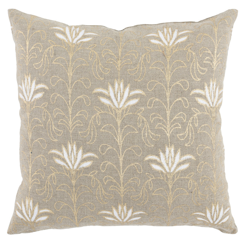 20" Beige Floral Linen Down Blend Throw Pillow