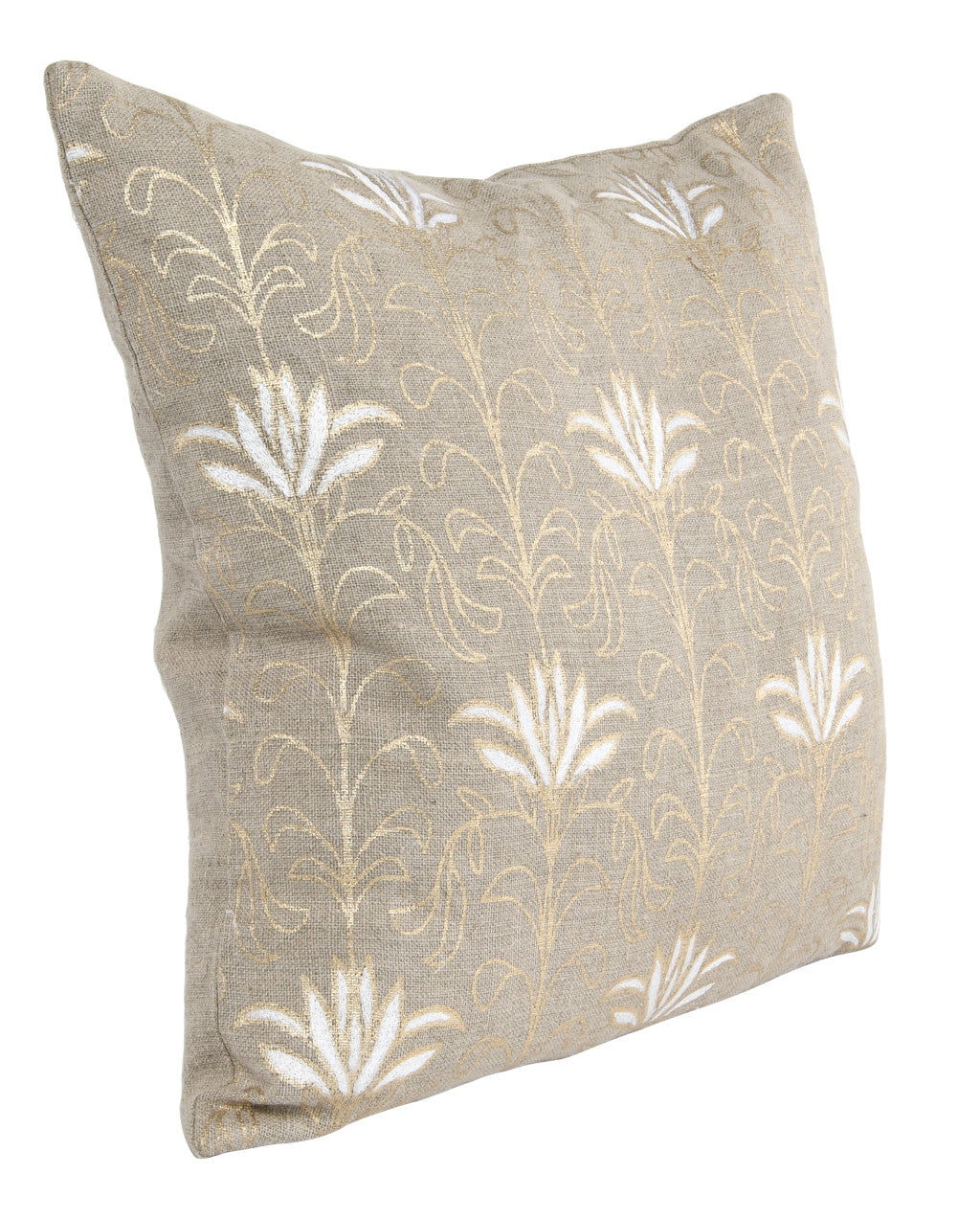 20" Beige Floral Linen Down Blend Throw Pillow