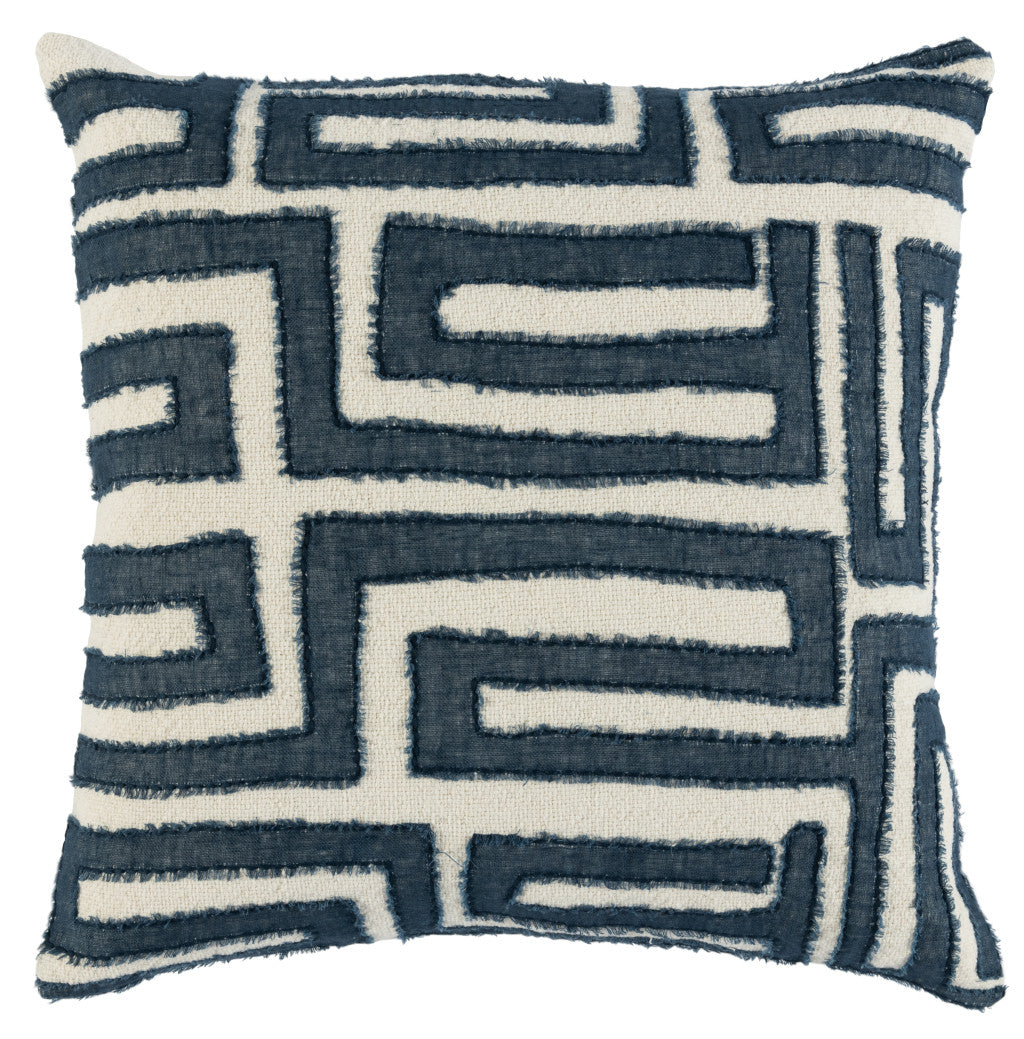 22" Blue and Ivory Geometric Linen Down Blend Throw Pillow