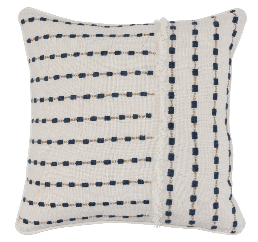 20" Blue and Ivory Geometric Linen Down Blend Throw Pillow