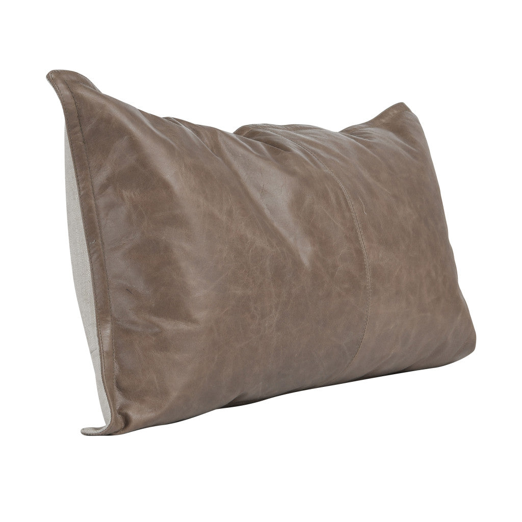 14" X 26" Taupe Leather Down Blend Throw Pillow