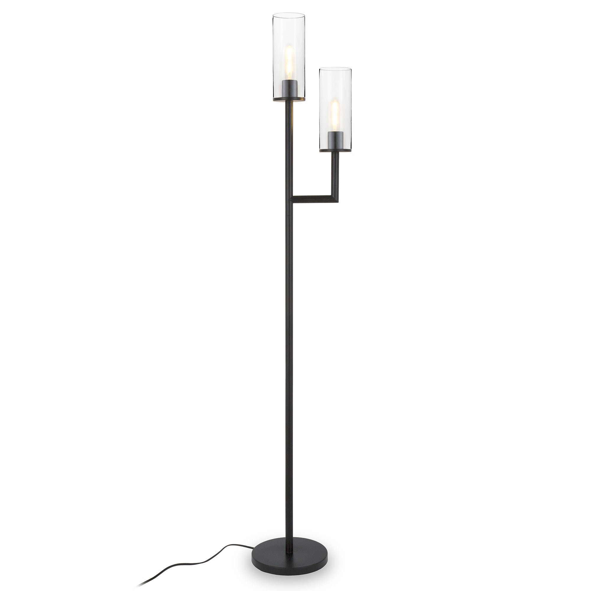 69" Black Two Light Torchiere Floor Lamp With Clear Transparent Glass Drum Shade