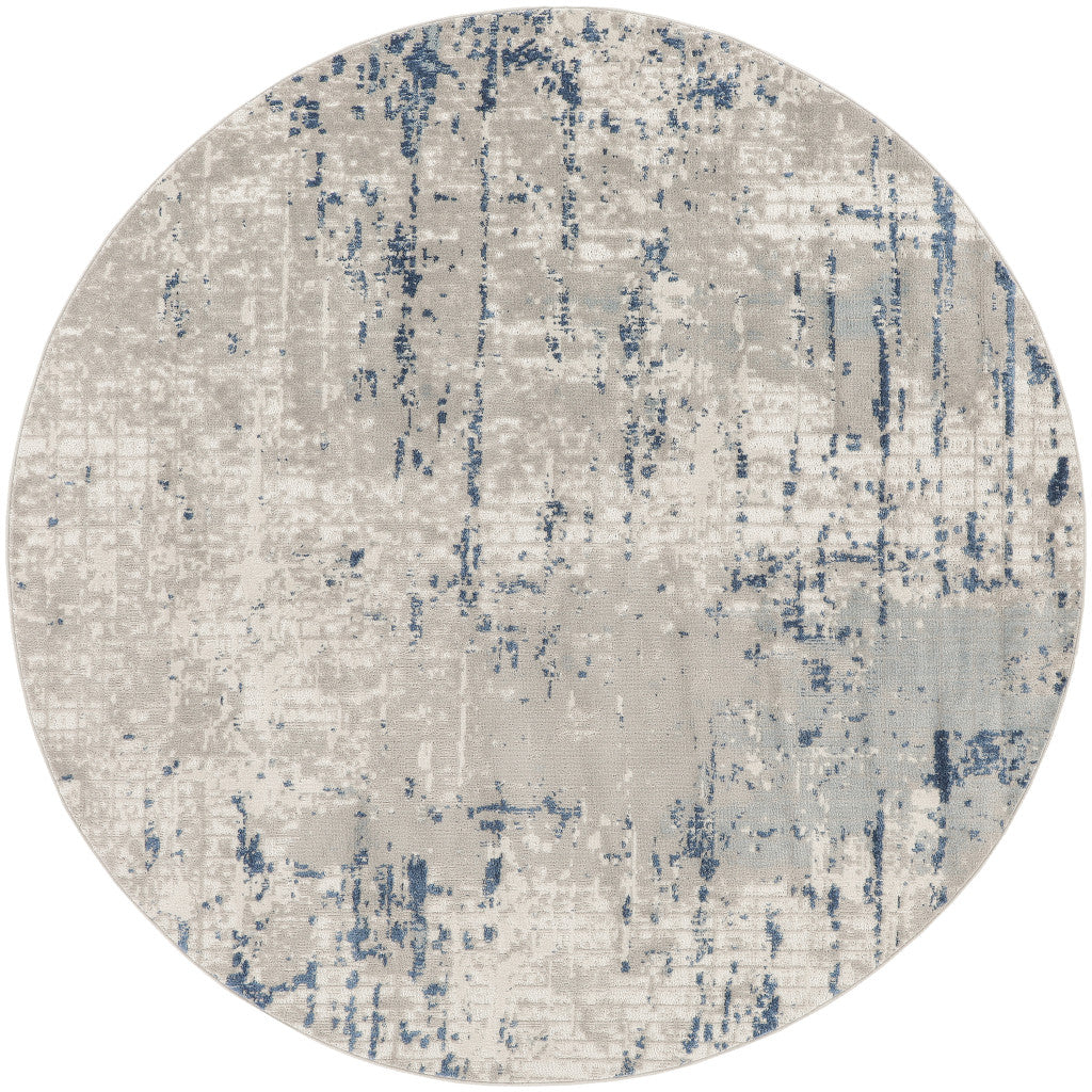 8' Blue and Gray Round Abstract Power Loom Area Rug