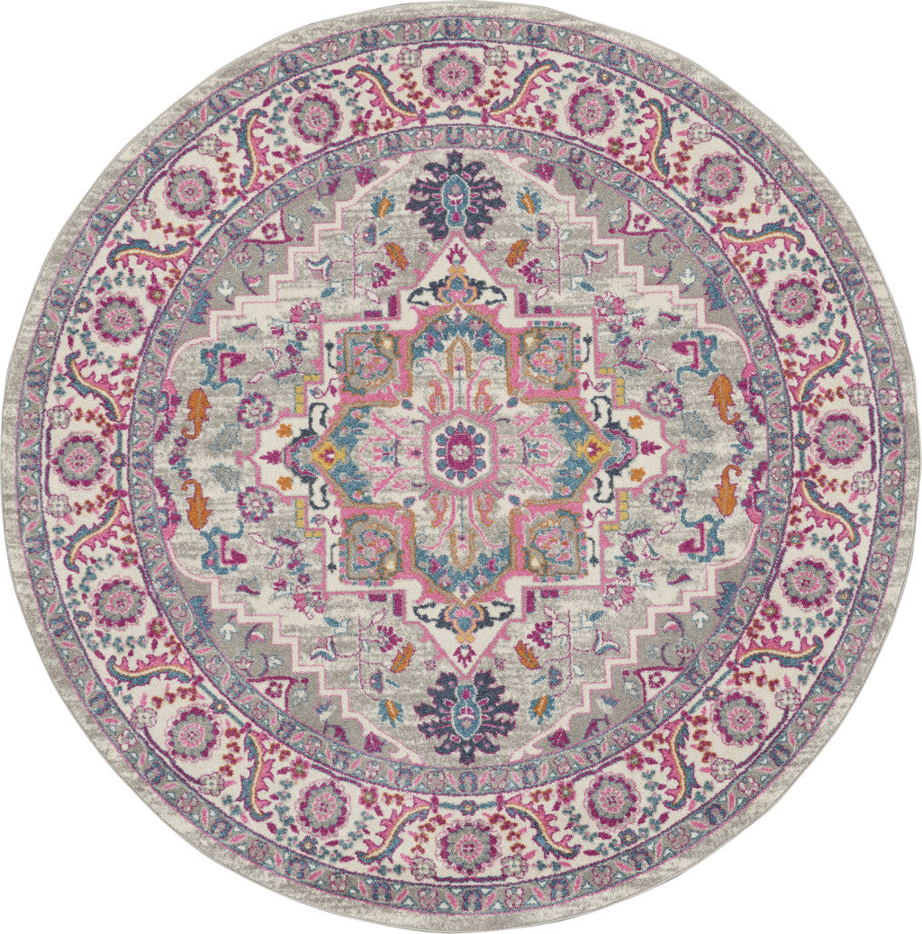 8' Gray Round Floral Power Loom Area Rug