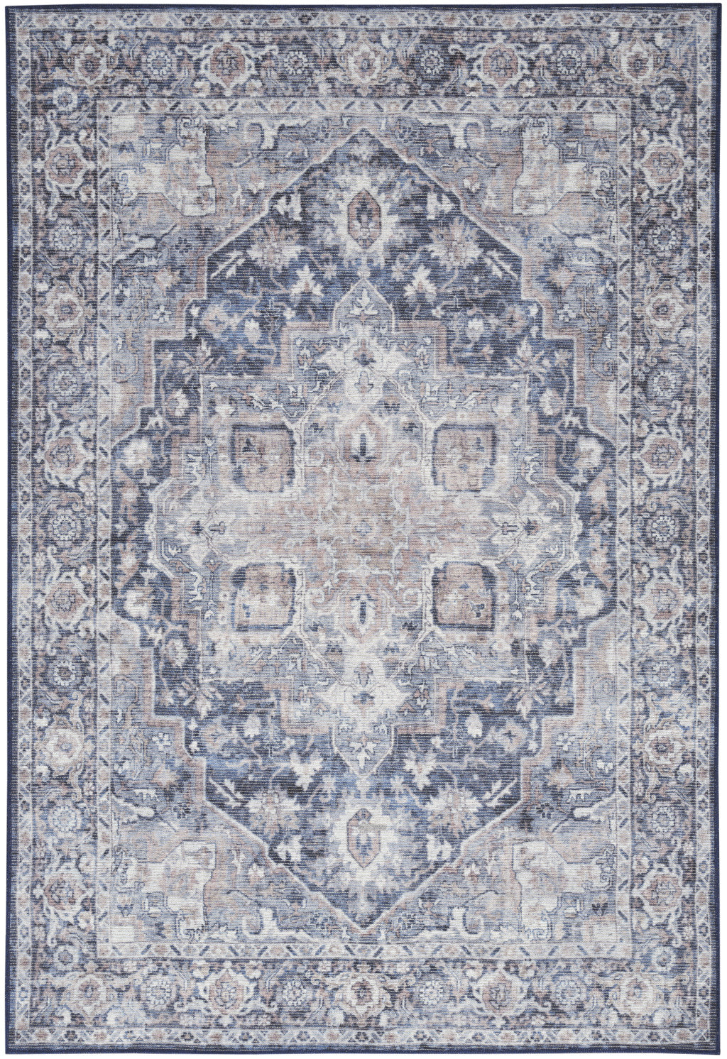 6' X 9' Blue And Pink Floral Power Loom Distressed Washable Area Rug