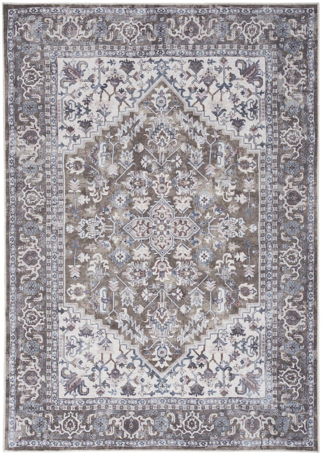 8' x 10' Gray Ivory and Blue Floral Distressed Washable Area Rug