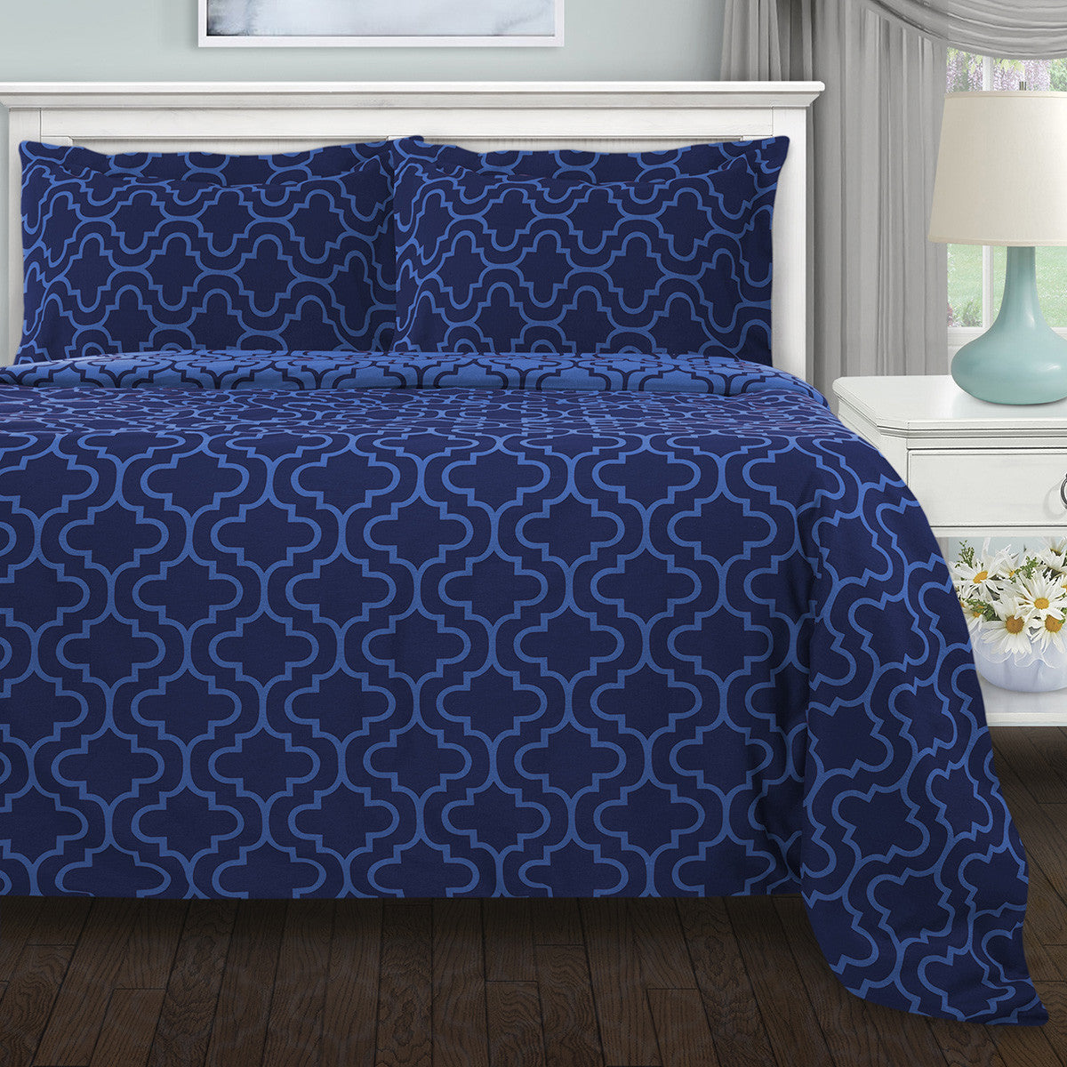 Navy Blue Queen Cotton Blend Thread Count Washable Duvet Cover Set