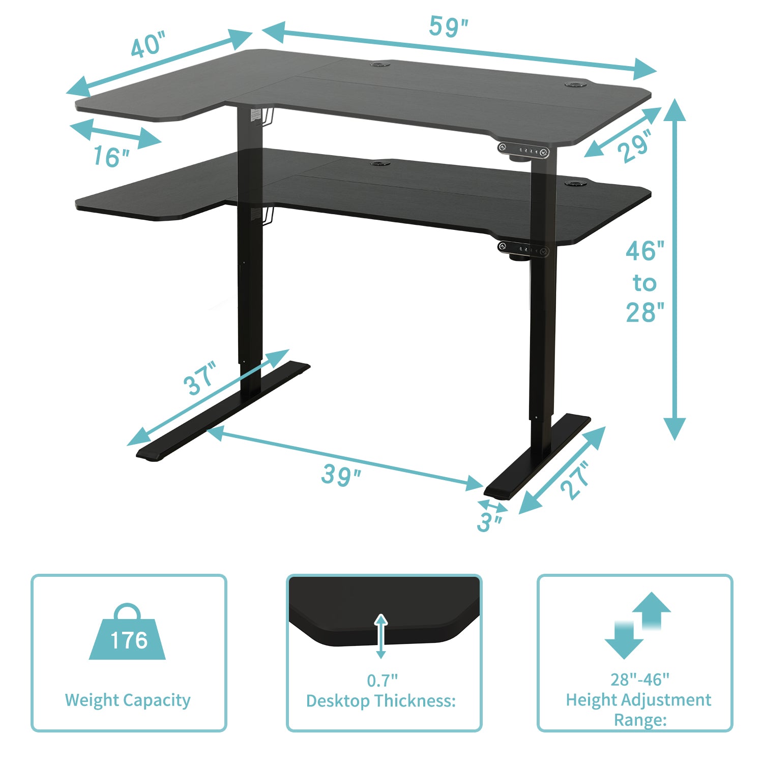 59" Adjustable Black L Shape Standing Desk