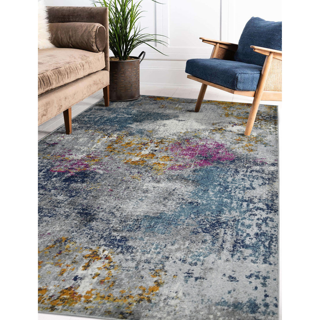 7' Blue and Pink Round Abstract Power Loom Area Rug