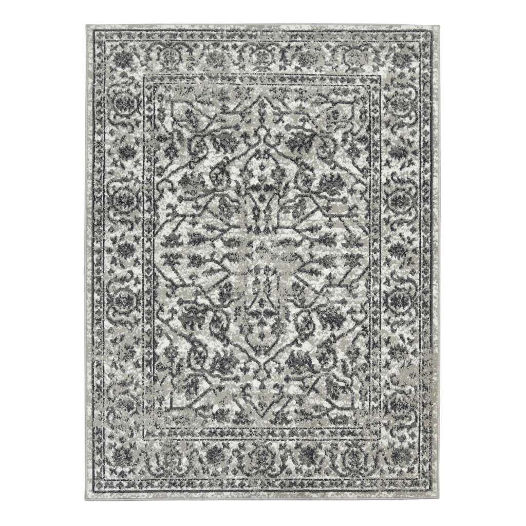 5' x 7' Light Gray Floral Power Loom Area Rug With Fringe