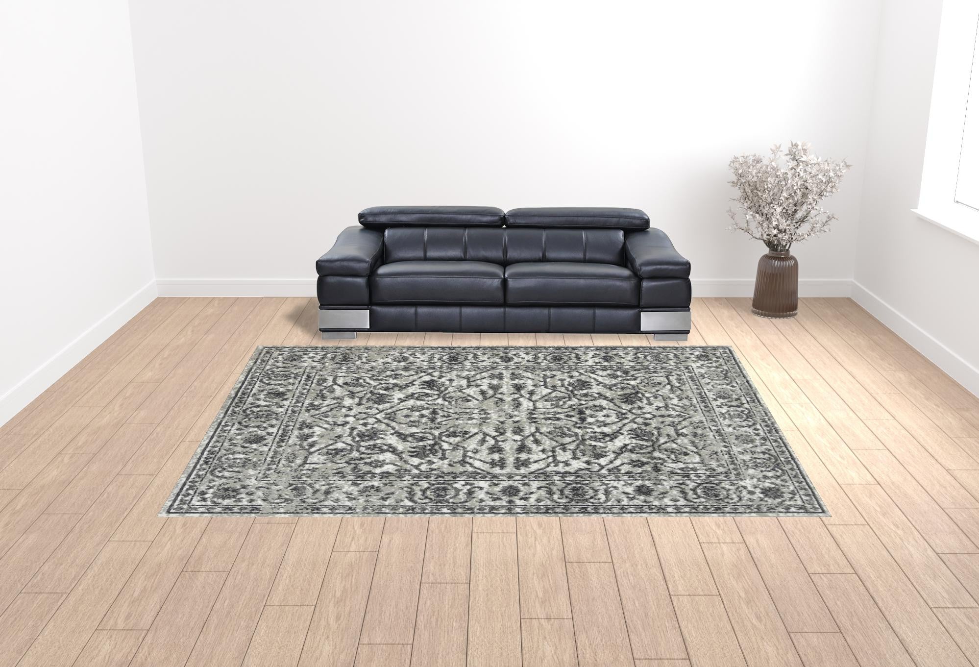 5' x 7' Light Gray Floral Power Loom Area Rug With Fringe