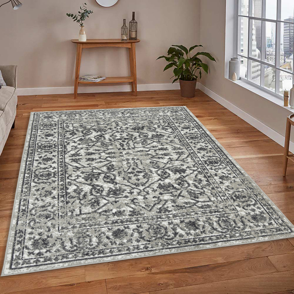 2' x 3' Gray Floral Power Loom Area Rug