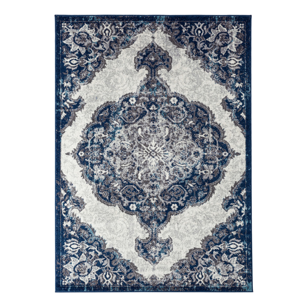 10' Navy Blue Medallion Power Loom Runner Rug