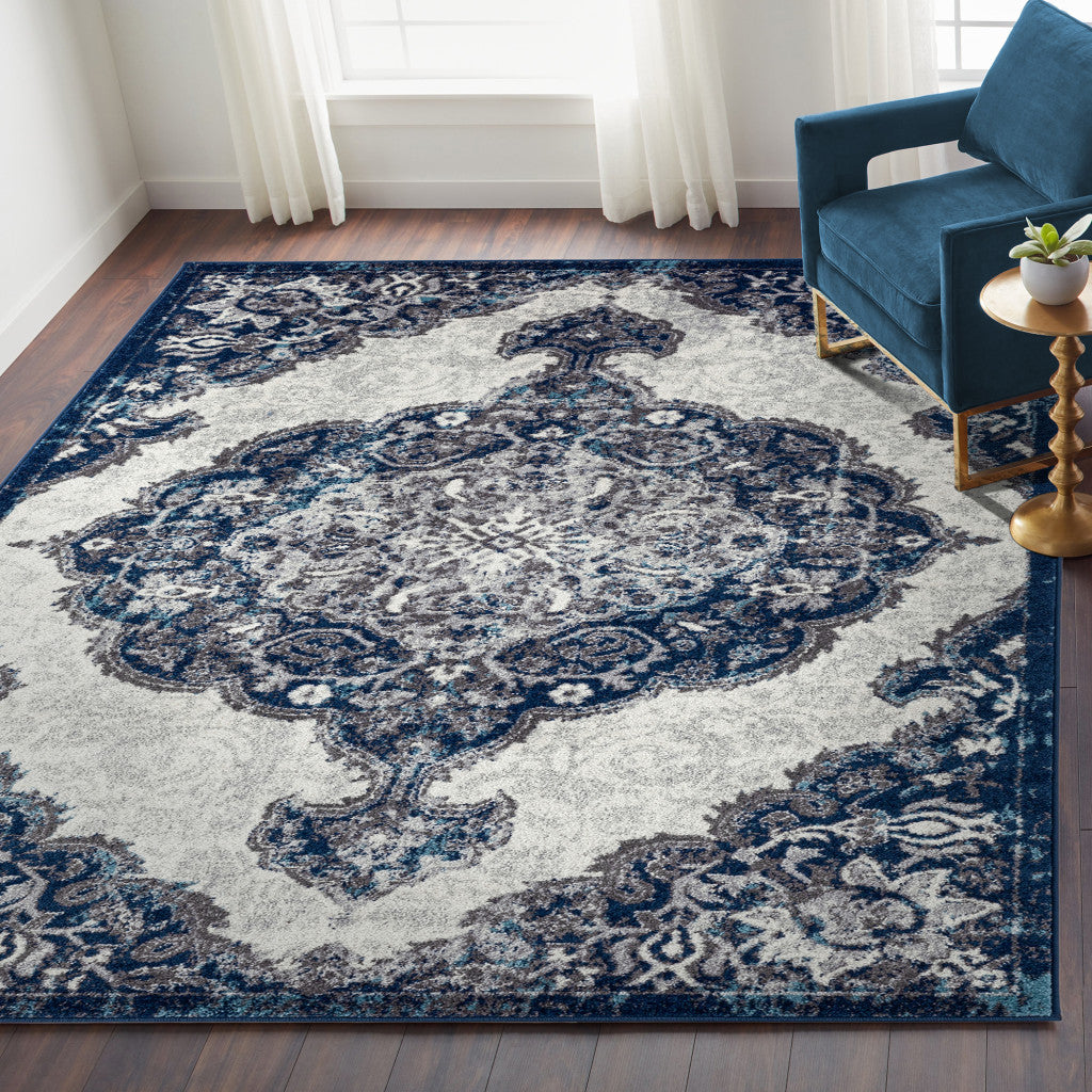 10' Navy Blue Medallion Power Loom Runner Rug