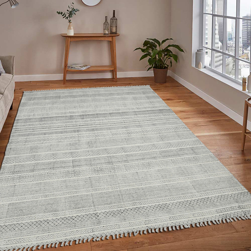 8' Charcoal Geometric Flatweave Handmade Distressed Runner Rug