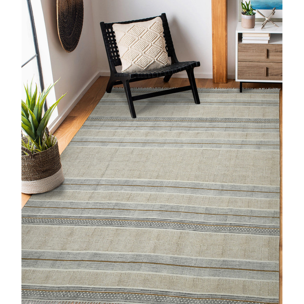 8' X 12' Brown Geometric Flatweave Handmade Distressed Area Rug With Fringe