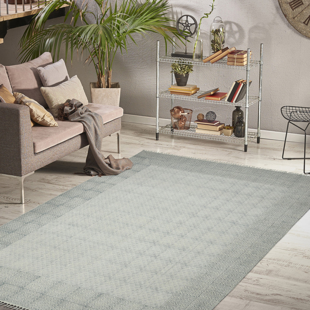 8' Blue Geometric Flatweave Handmade Distressed Runner Rug With Fringe