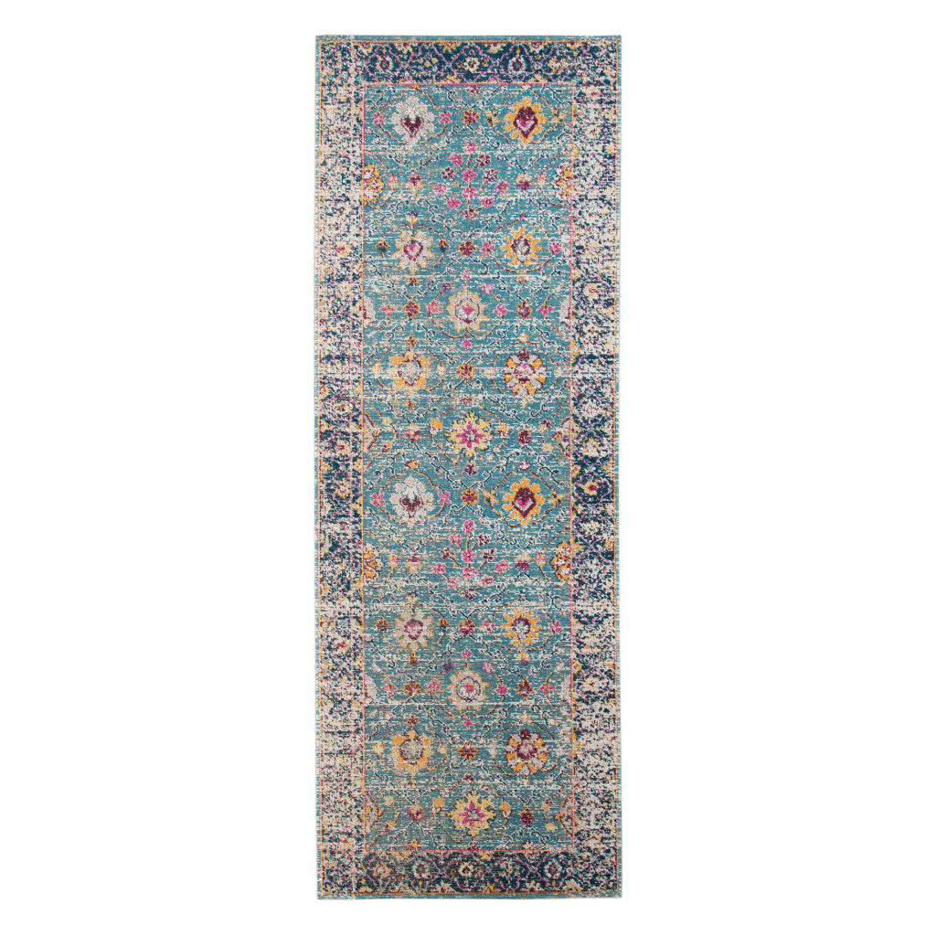 9' x 12' Teal Blue Floral Power Loom Area Rug With Fringe