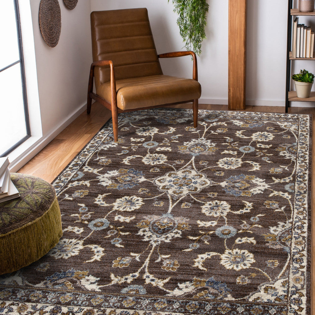 2' x 3' Brown Floral Power Loom Area Rug With Fringe