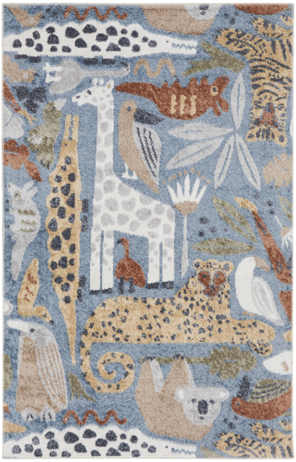 3' X 5' Ivory Blue and Gray Kids Safar Animal Print Washable Area Rug