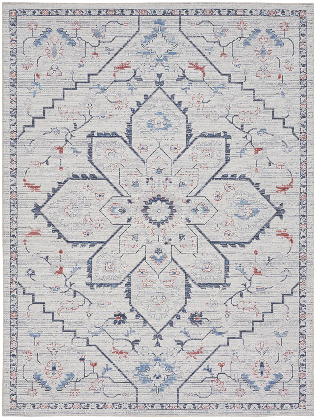 8' x 10' Ivory and Blue Oriental Power Loom Washable Area Rug