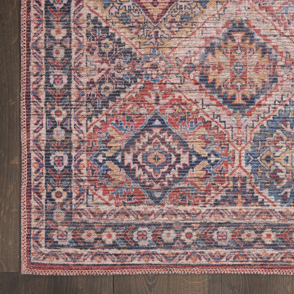 8' Blue and Red Floral Power Loom Distressed Washable Runner Rug