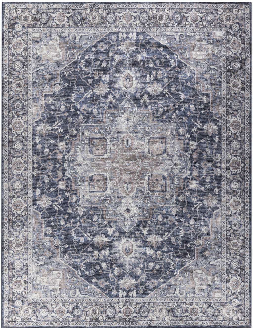 9' x 12' Blue and Ivory Floral Power Loom Distressed Washable Area Rug