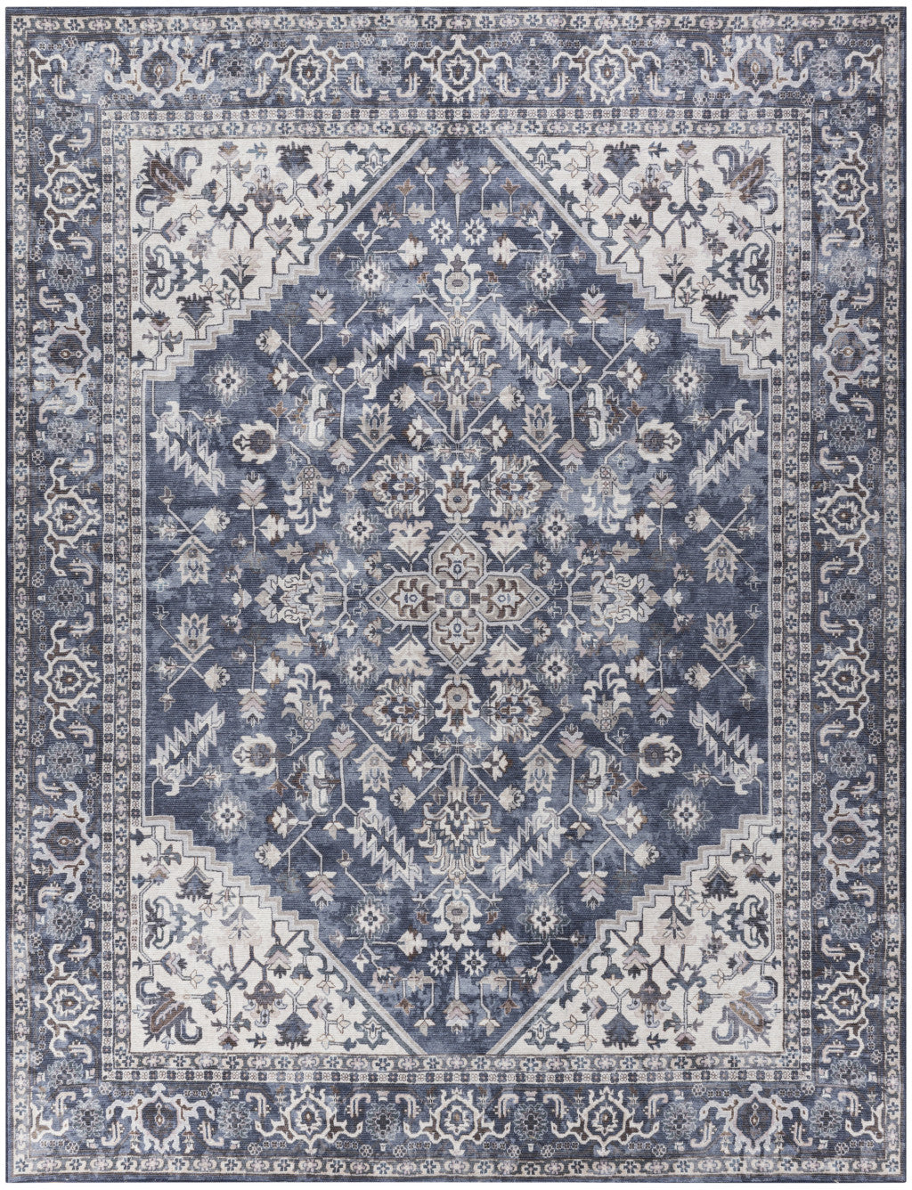 9' x 12' Blue and Ivory Floral Power Loom Distressed Washable Area Rug