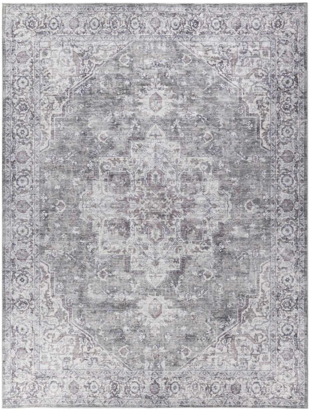 9' x 12' Gray and Ivory Floral Power Loom Distressed Washable Area Rug