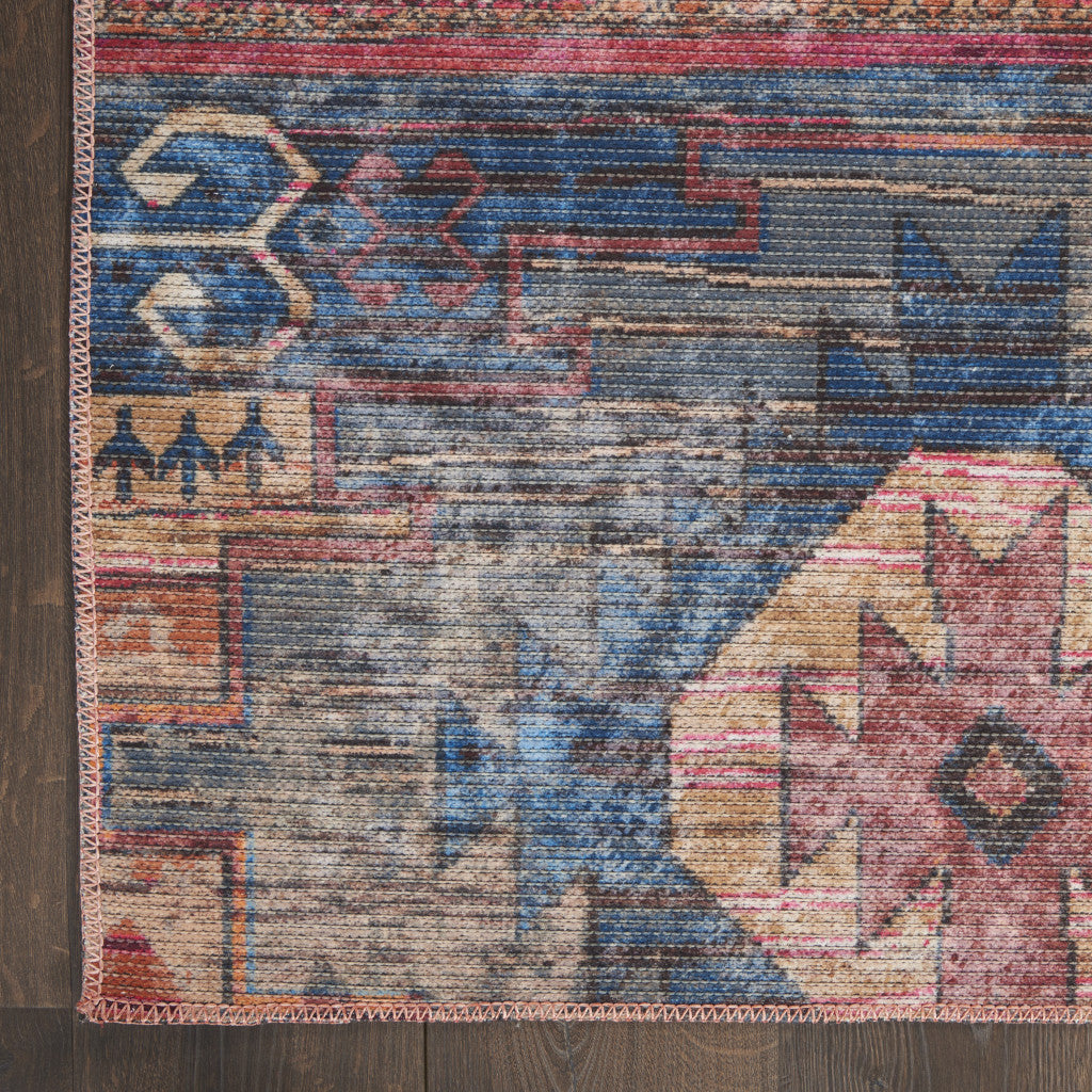 8' x 10' Blue and Red Geometric Power Loom Distressed Washable Area Rug