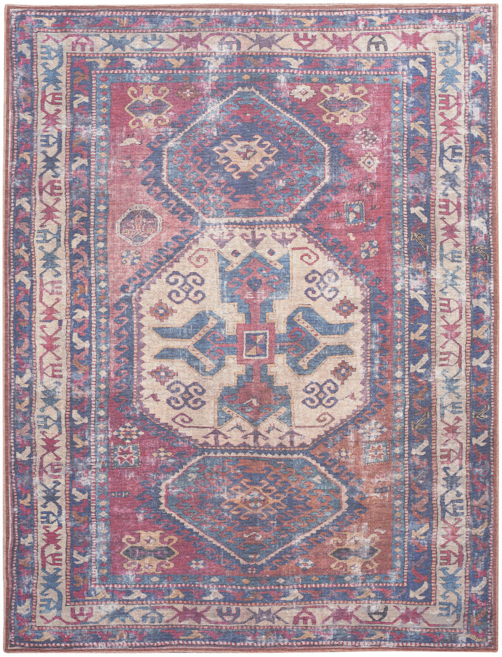 9' x 12' Blue and Red Geometric Power Loom Distressed Washable Area Rug