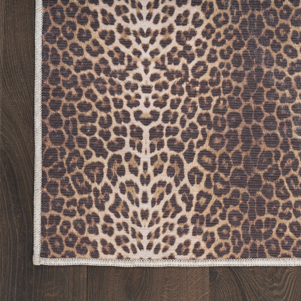 8' x 10' Brown and Ivory Leopard Print Power Loom Washable Non Skid Area Rug