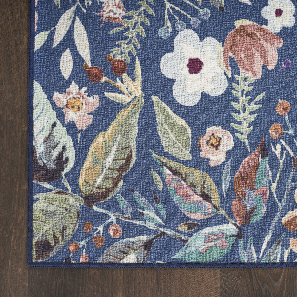 5' x 7' Blue and Green Floral Power Loom Washable Non Skid Area Rug