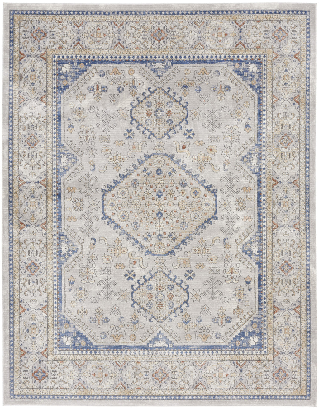 9' x 12' Ivory Blue and Gray Oriental Power Loom Area Rug